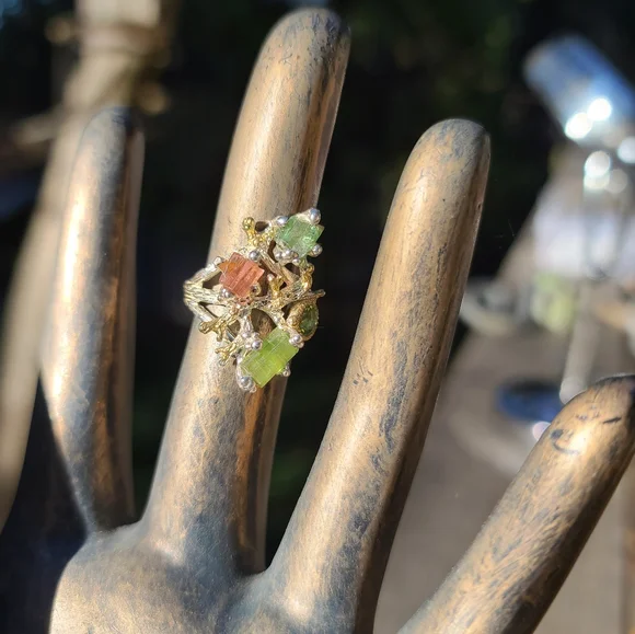Turmulene green ocean & watermelon 🍉 w/Peridot sterling & gold ring sz6.5 - Picture 8 of 11